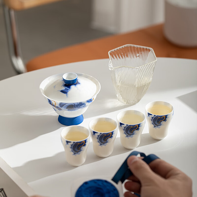 Auspicious Dragon White Porcelain Gaiwan Tea Set