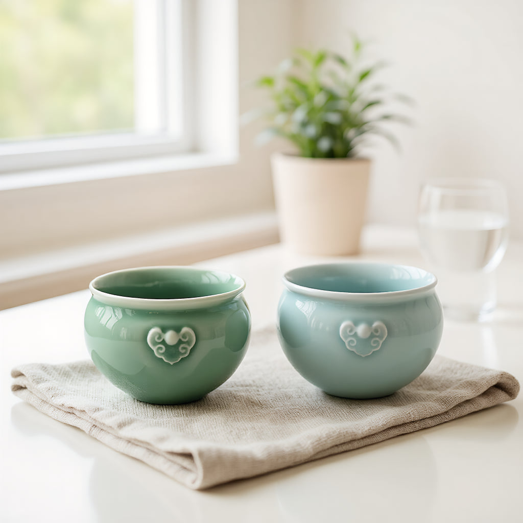 Auspicious Longquan Celadon Teacup Set – 2-Piece Porcelain Gift Box