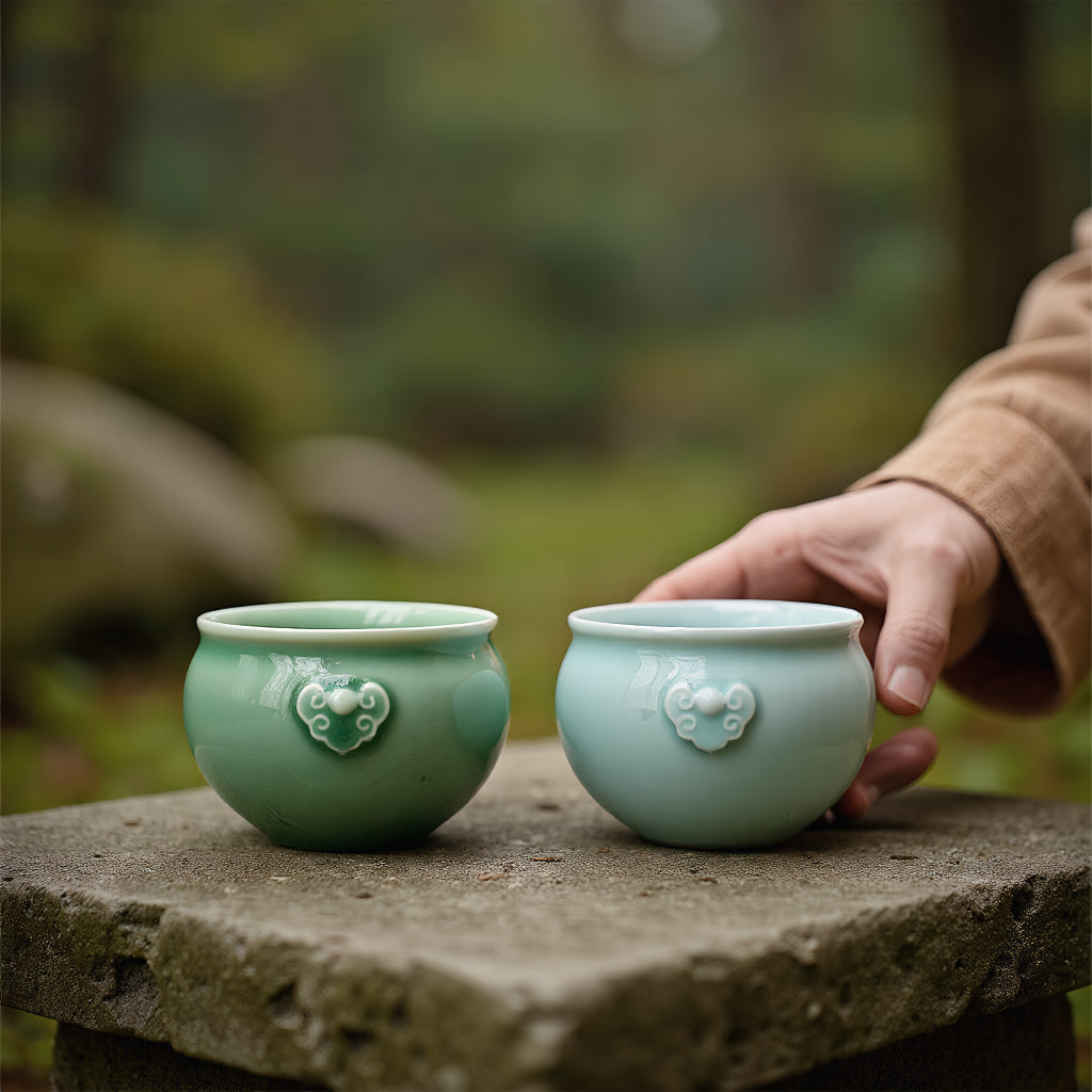 Auspicious Longquan Celadon Teacup Set – 2-Piece Porcelain Gift Box