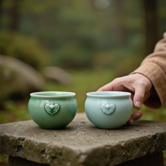 Auspicious Longquan Celadon Teacup Set – 2-Piece Porcelain Gift Box