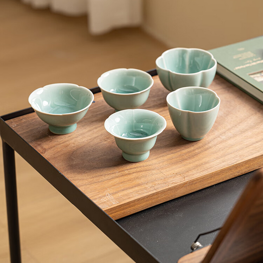 Longquan Celadon Gongfu Tea Set – Five Floral Porcelain Cups