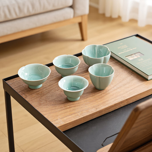 Longquan Celadon Gongfu Tea Set – Five Floral Porcelain Cups