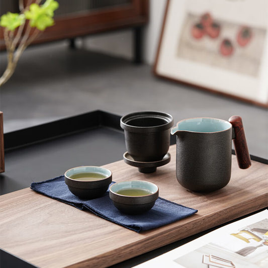 Wooden Side-Handle Travel Tea Set