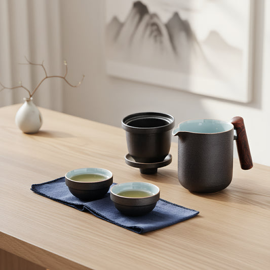 Wooden Side-Handle Travel Tea Set